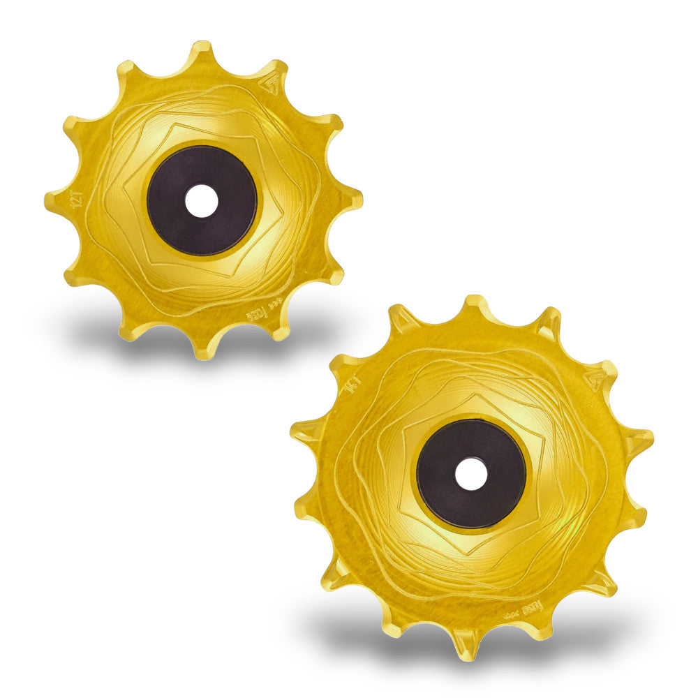 Para złotych anodowanych rolek tylnej przerzutki AERO MTB ALUGEAR, 14T+12T, SRAM 11/12-rzędowy, lico z falistym frezowaniem
