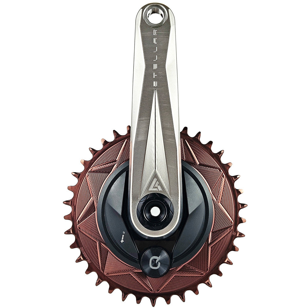 Titanium ALUGEAR Stellar Ti crank arm with copper chainring installed vertically, front face view