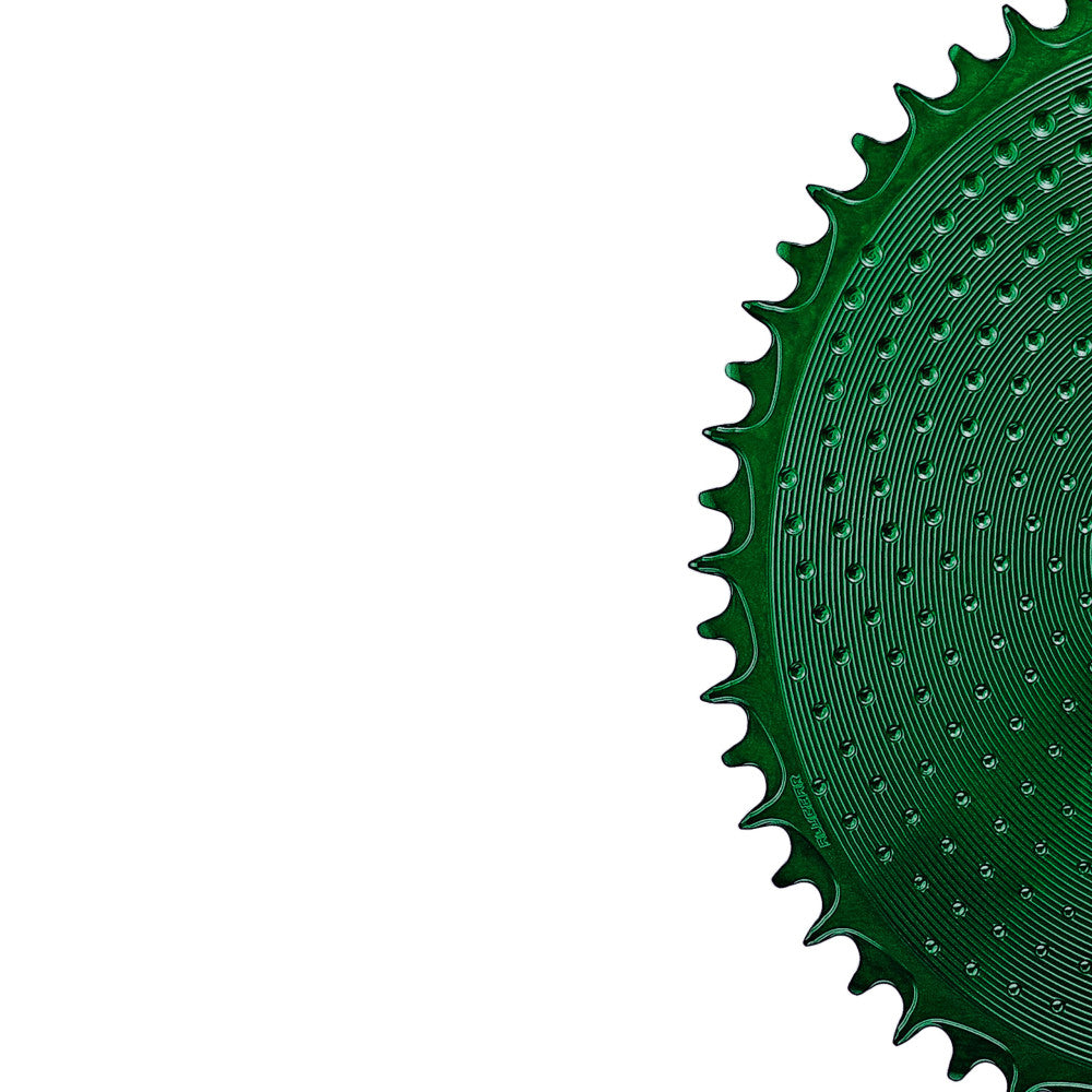Close-up of green anodized ALUGEAR round outer road chainring edge with dotted surface, SRAM 8-bolt direct-mount