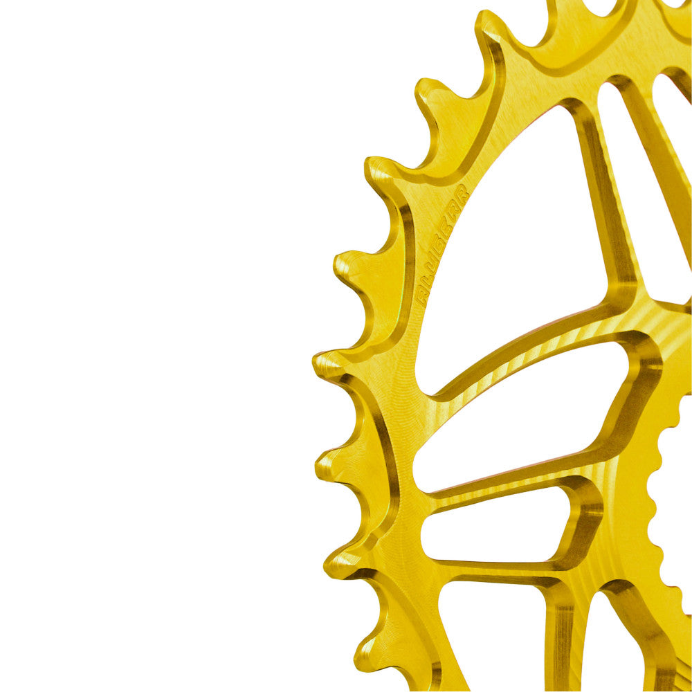 Purple anodized ALUGEAR MTB chainring, Cannondale Hollowgram direct-mount, macro close-up of narrow-wide teeth